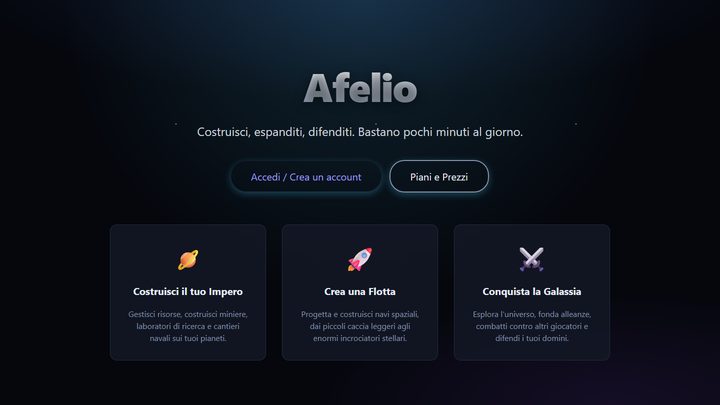The Afelio page: the logo, the line “Costruisci, espanditi, difenditi” and three panels about empire, fleet and galaxy on a dark space background.