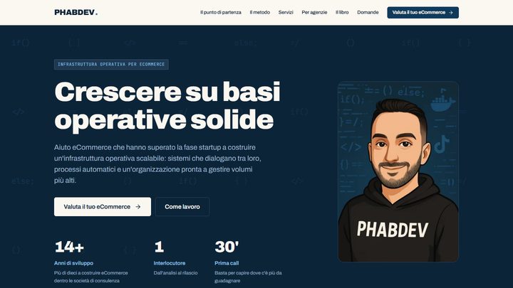 The phabdev.it home page: the headline “Crescere su basi operative solide”, three figures and an illustration of the owner.